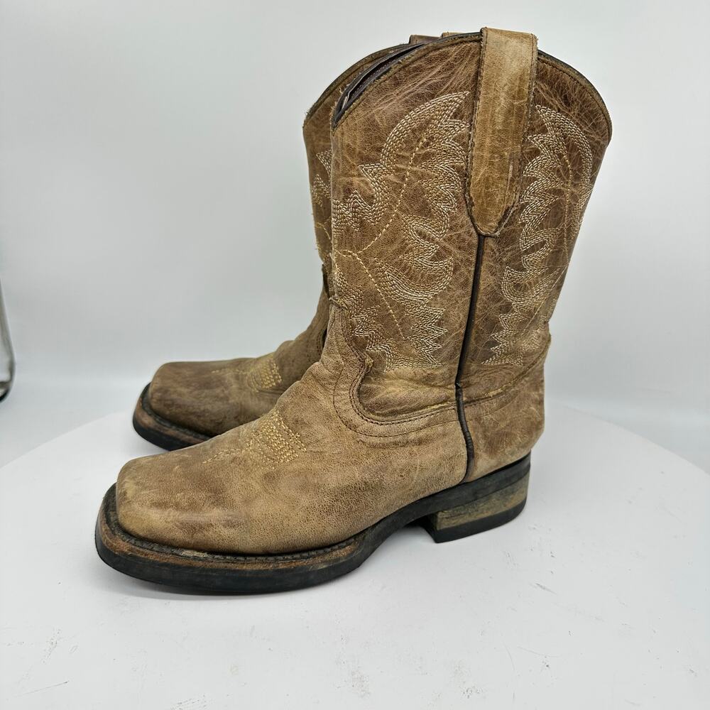 Soto Boots Distressed Brown Leather Square Toe Western Cowboy Boots Kids 9